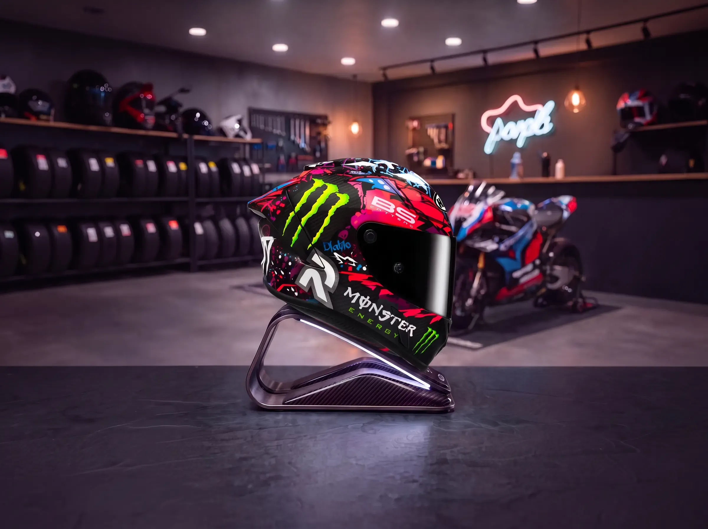 Rennhelm im grafischen Monster-Energy-Design auf einem Ständer in einer Motorradgarage.