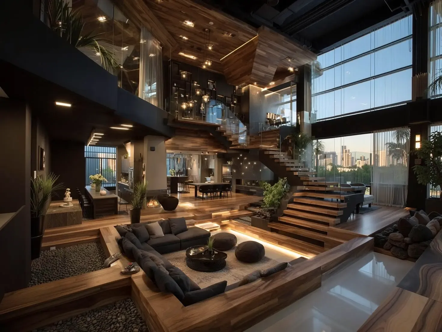 Abgesenkte Sitzlounge in einem Loft mit doppelter Raumhöhe, freitragender Treppe und Blick auf die Skyline.